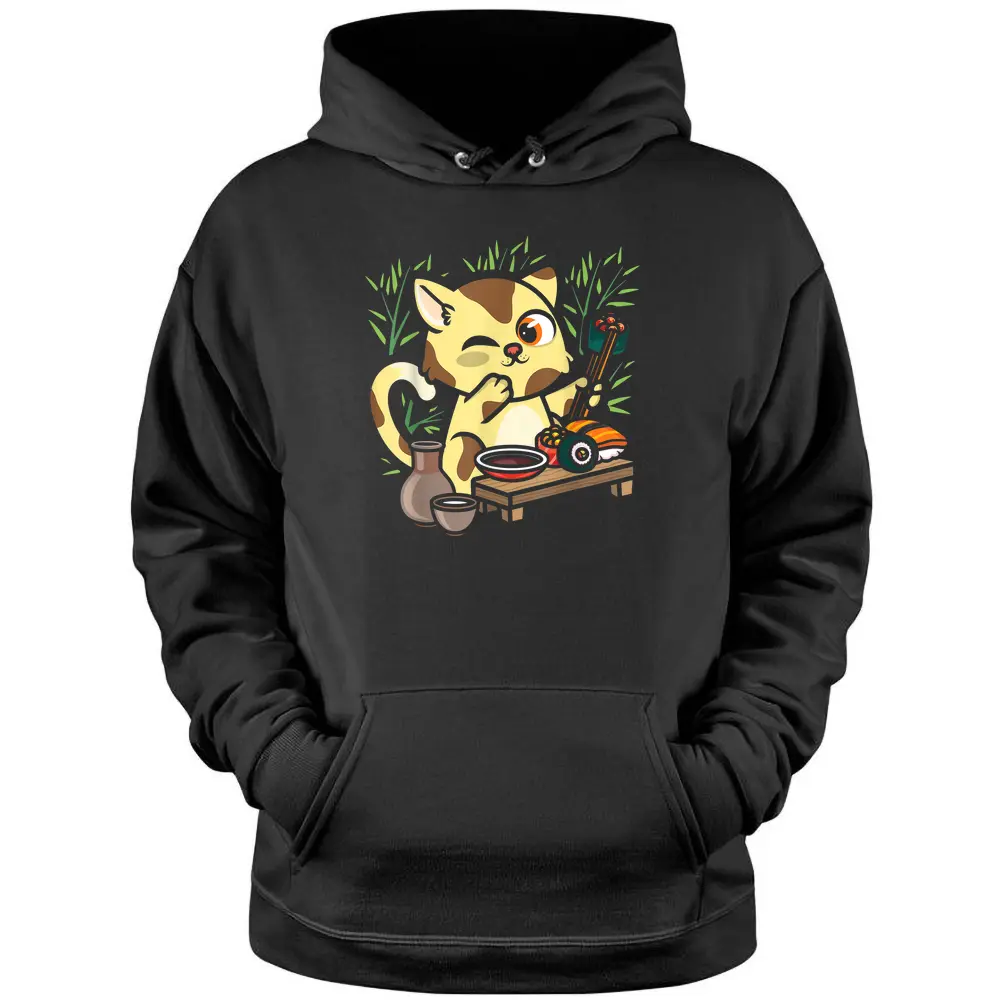 Animal Sushi Cat Lover Japanese Kawaii Cat Eating Food Art Pullover Hoodie