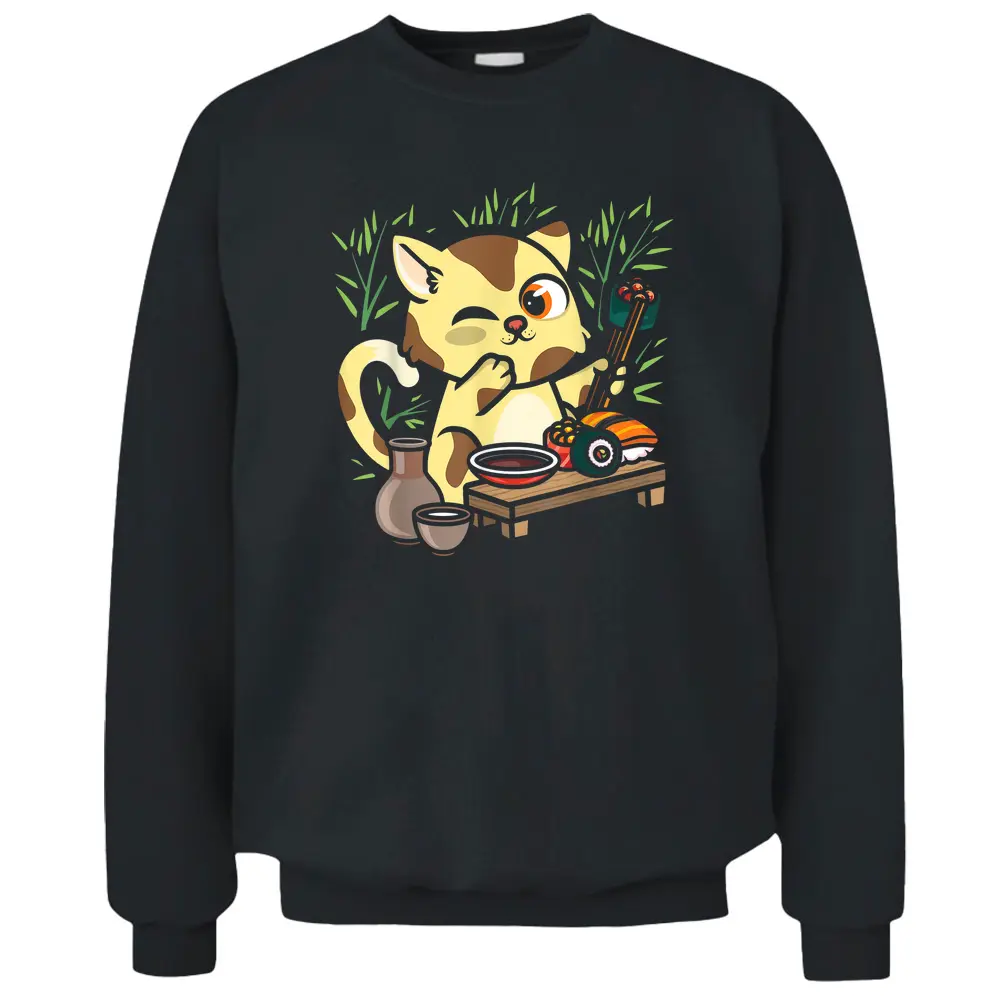 Animal Sushi Cat Lover Japanese Kawaii Cat Eating Food Art Pullover Sweatshirt