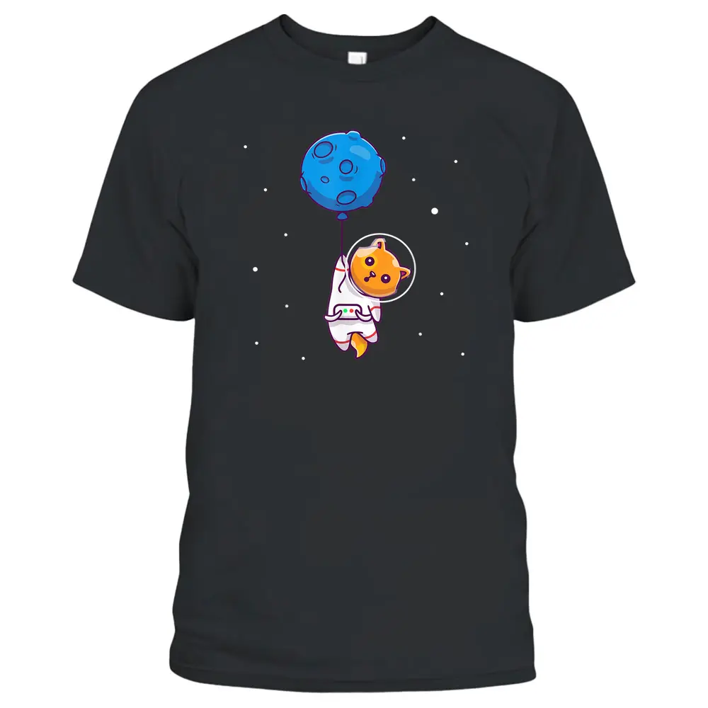 Astronaut Cat In Space Holding Planet Balloon Cat Lover T-Shirt