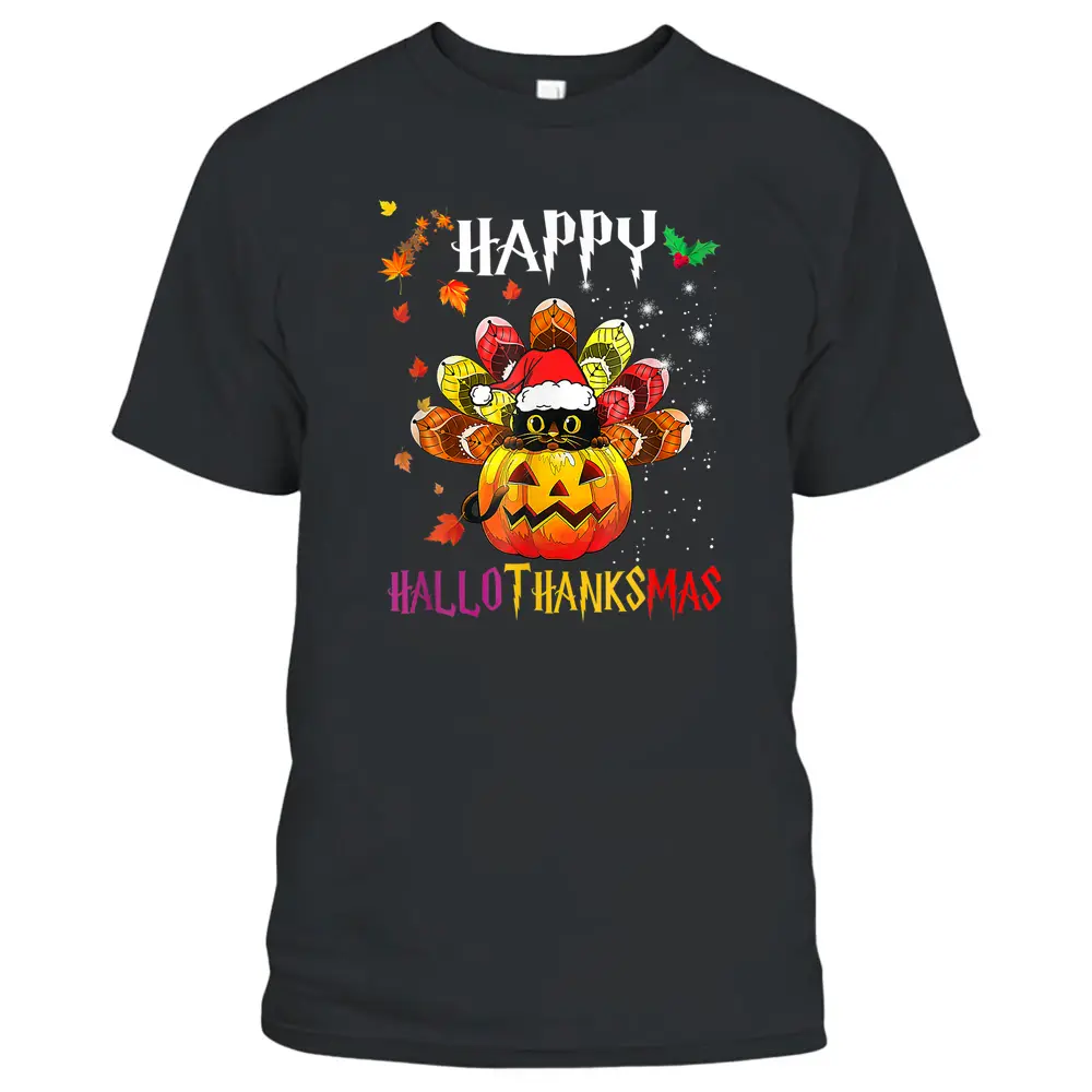 Black Cat Halloween And Merry Christmas Happy Hallothanksmas T-Shirt