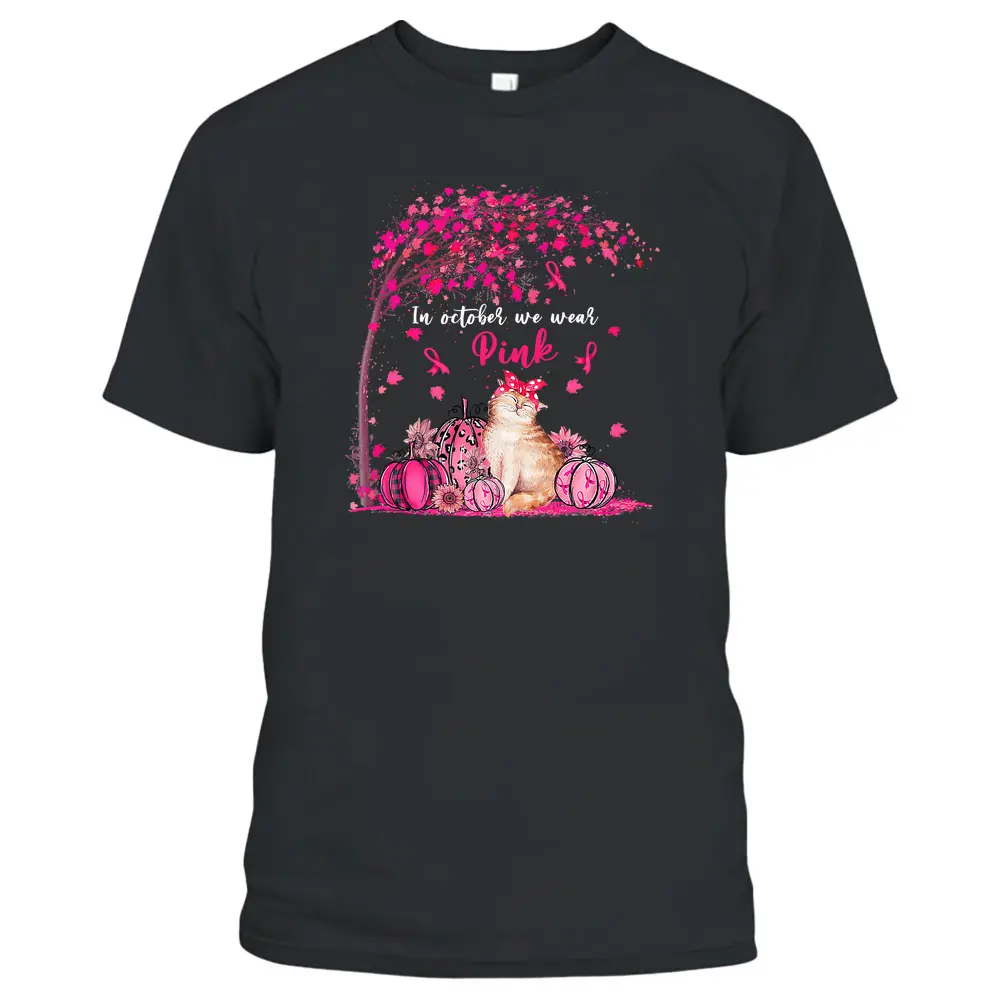 Breast Cancer Awareness In October We Wear Pink Pumpkin Cat Premium T-Shirt