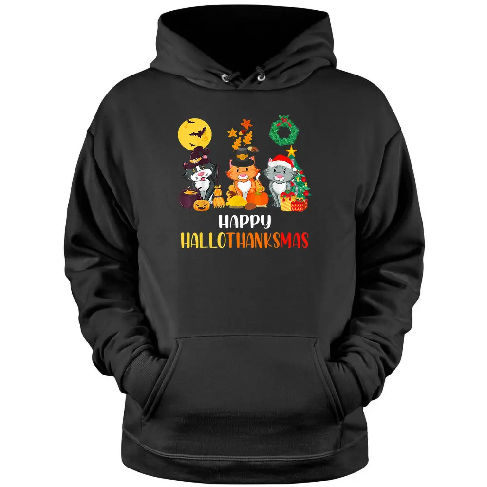 Cat Halloween Christmas Happy Hallothanksmas Thanksgiving Pullover Hoodie