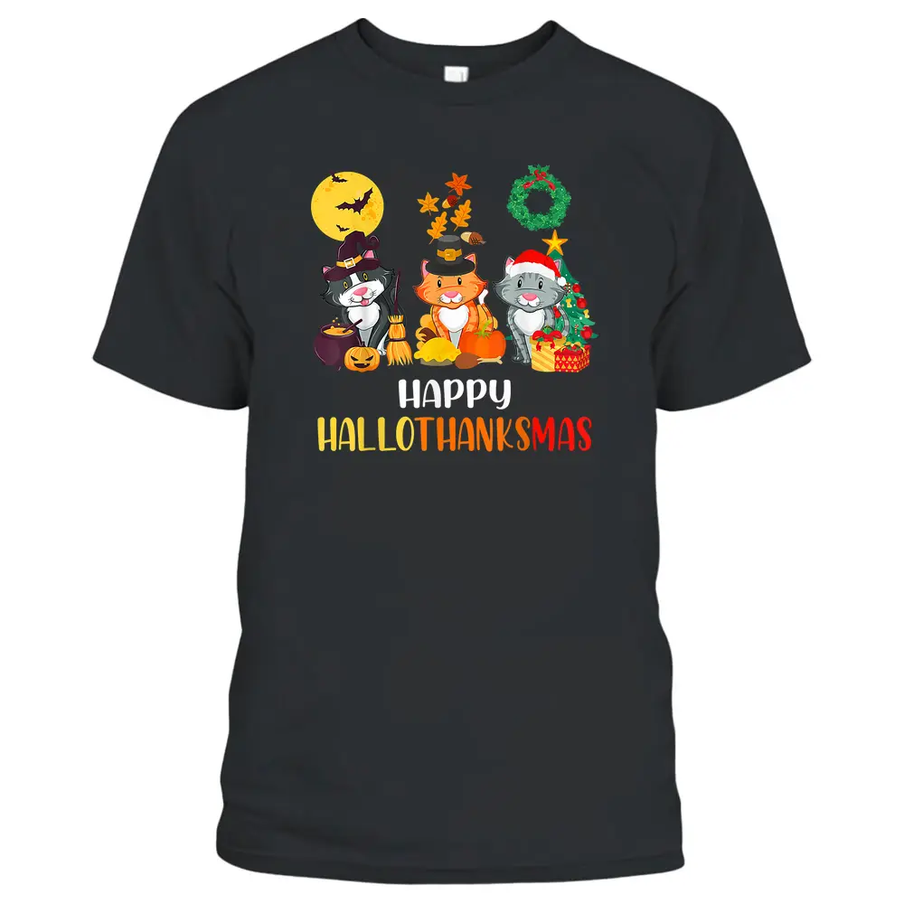 Cat Halloween Christmas Happy Hallothanksmas Thanksgiving T-Shirt