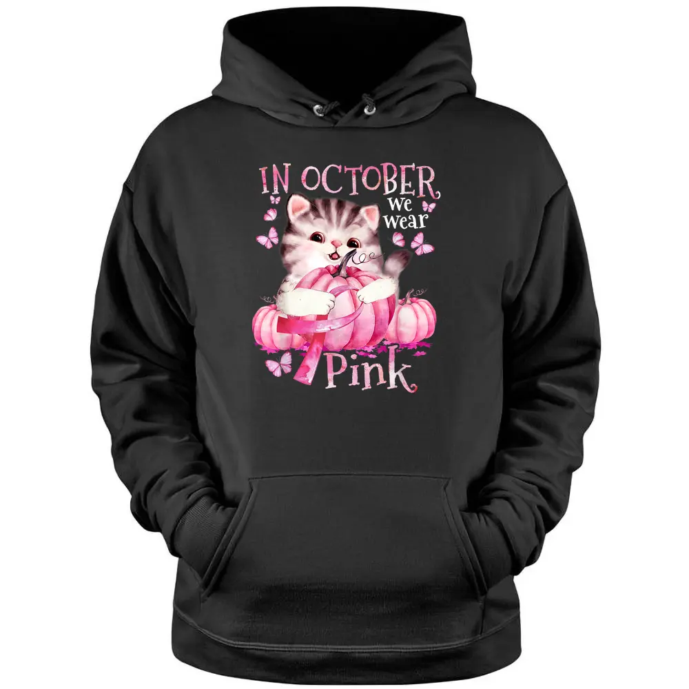 Cat Pumpkin Halloween In October We Wear Pink Breast Cancer Pullover Hoodie