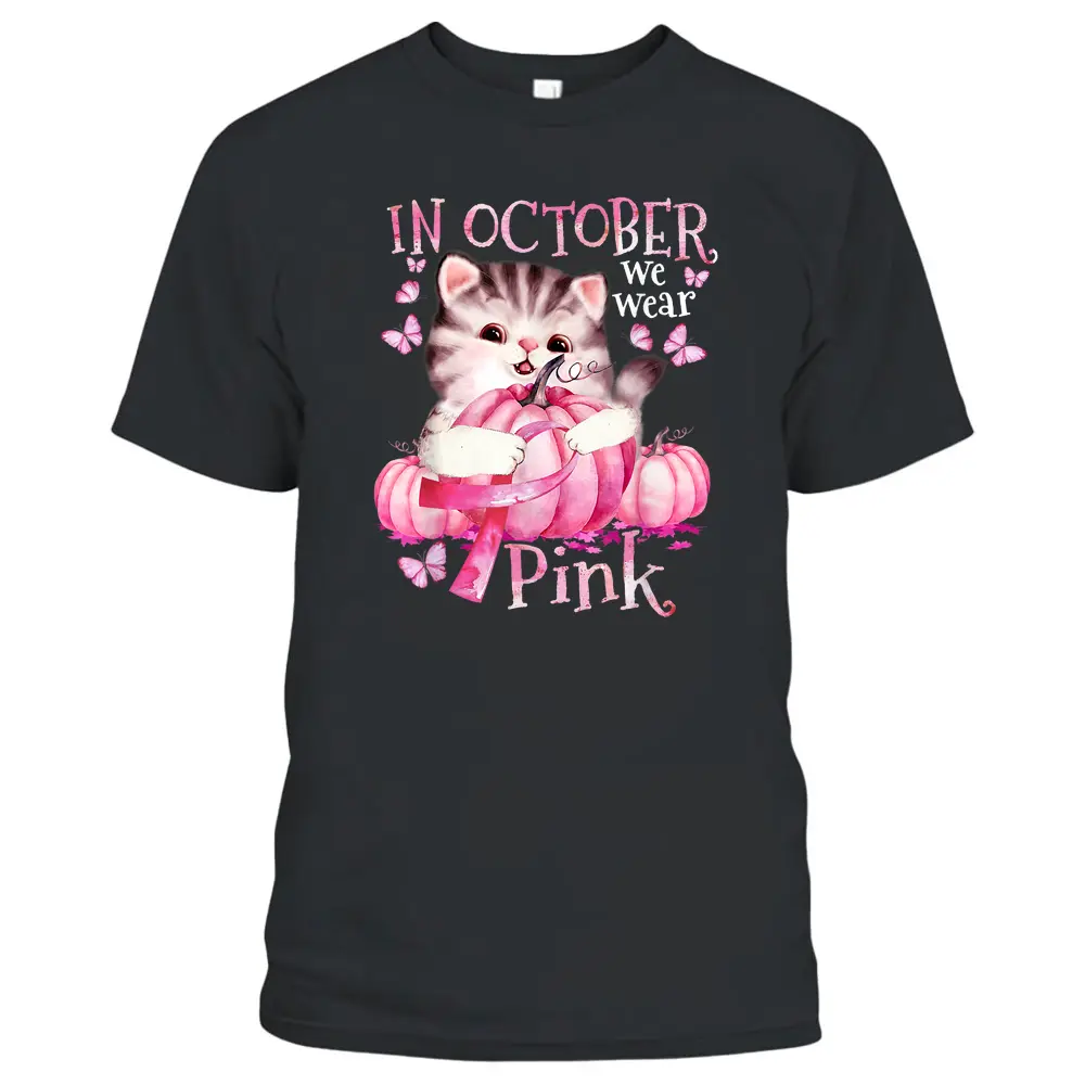 Cat Pumpkin Halloween In October We Wear Pink Breast Cancer T-Shirt