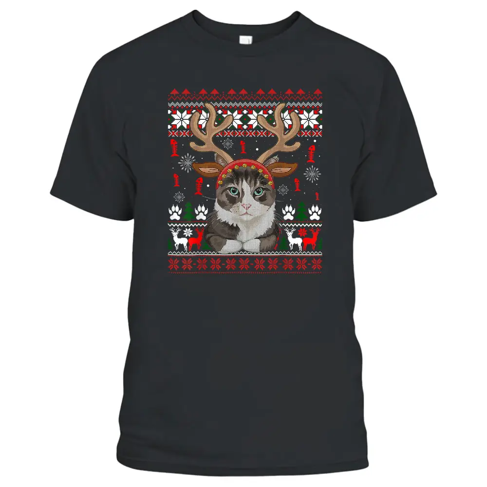 Cat Reindeer Antlers Headband Funny Ugly Christmas Sweater T-Shirt