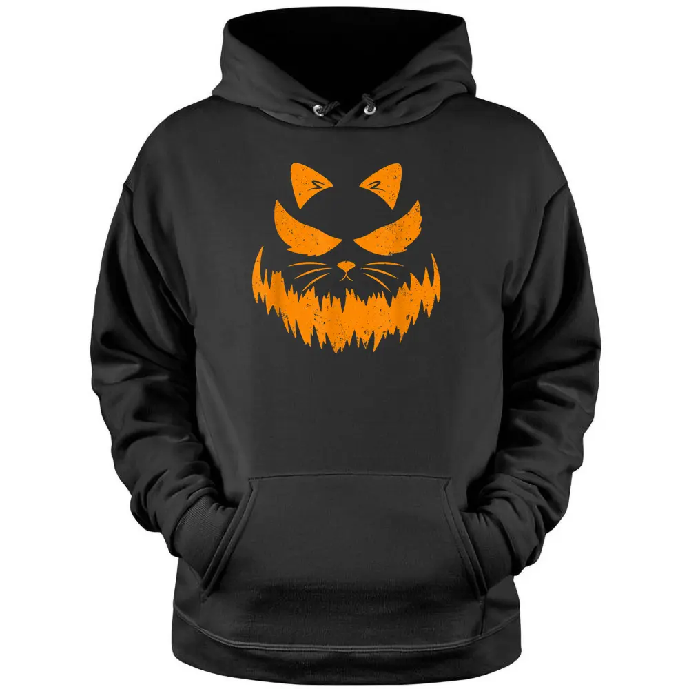 Cat Scary Pumpkin Face Jack O Lantern Halloween Costume Pullover Hoodie