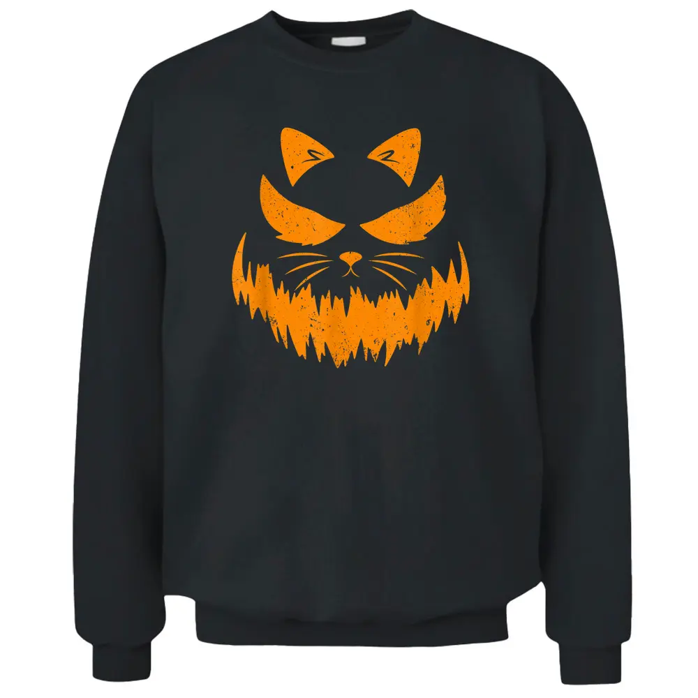 Cat Scary Pumpkin Face Jack O Lantern Halloween Costume Pullover Sweatshirt