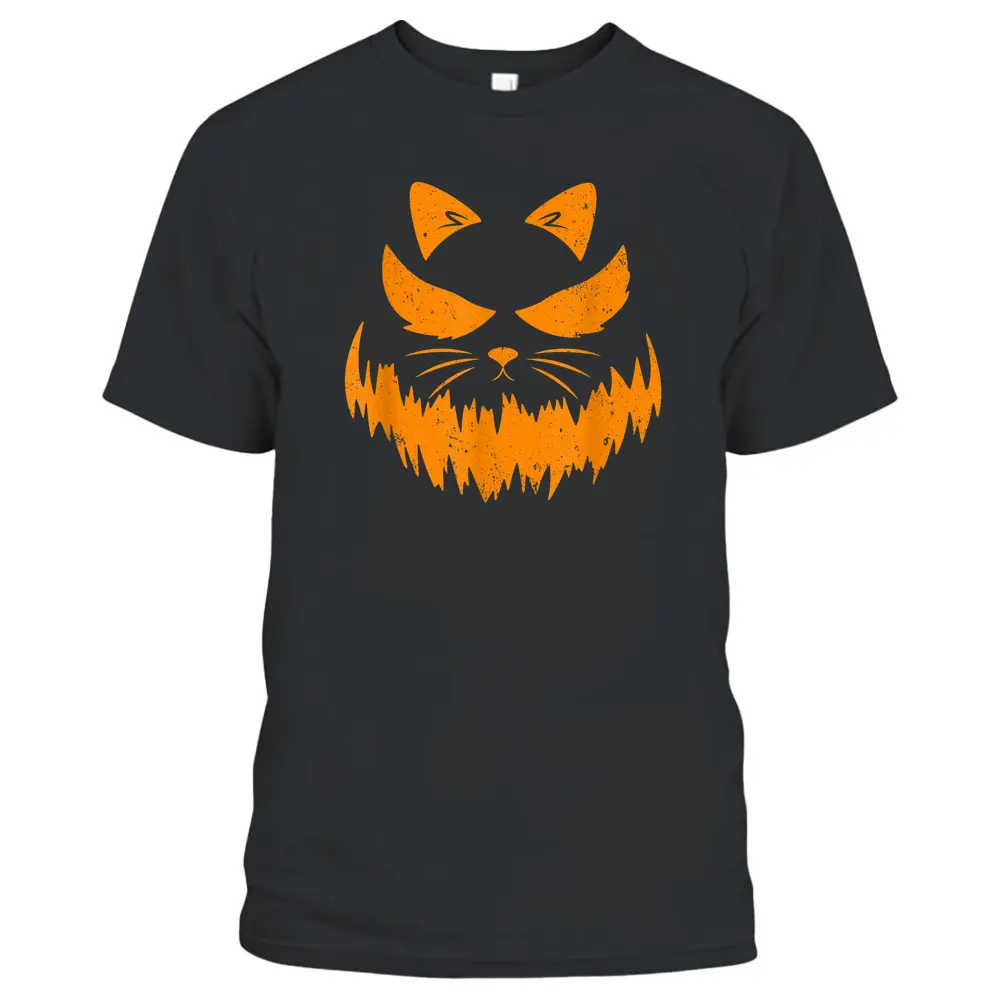 Cat Scary Pumpkin Face Jack O Lantern Halloween Costume T-Shirt