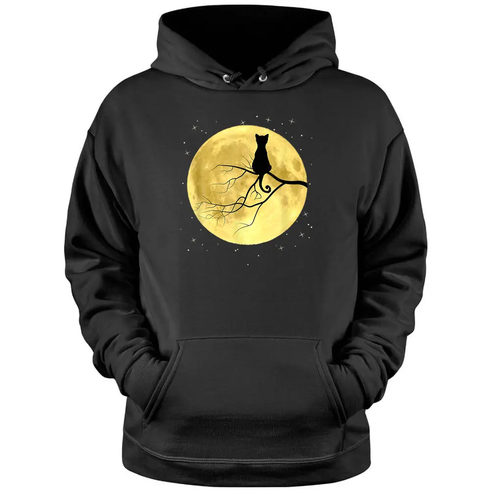 Cat Silhouette On Moon Mystical Cat Halloween Cat And Moon Pullover Hoodie