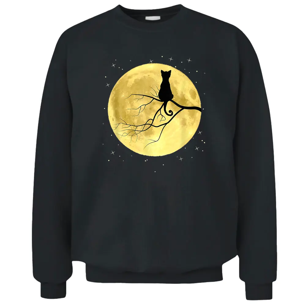 Cat Silhouette On Moon Mystical Cat Halloween Cat And Moon Pullover Sweatshirt