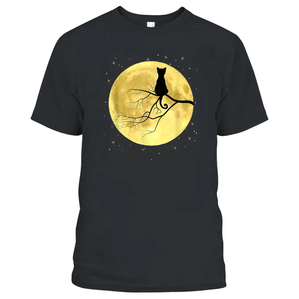 Cat Silhouette On Moon Mystical Cat Halloween Cat And Moon T-Shirt