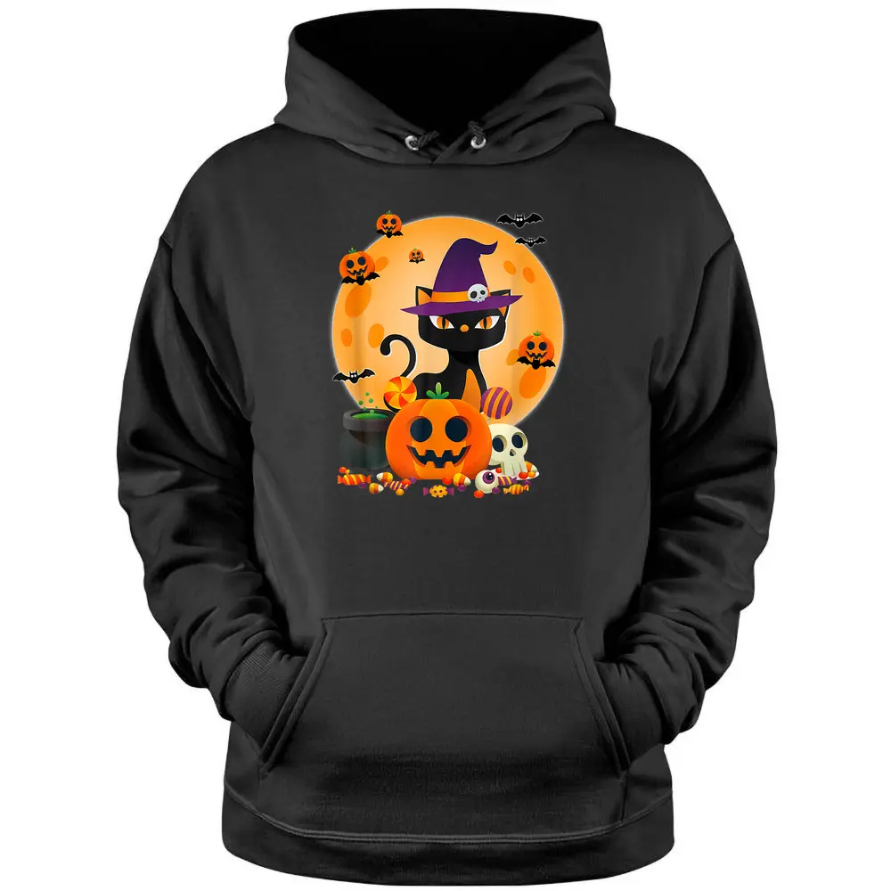 Cat With Witch Hat Pumpkin Bat Moon Cat Funny Halloween Pullover Hoodie