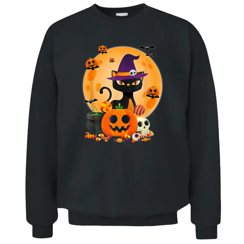 Cat With Witch Hat Pumpkin Bat Moon Cat Funny Halloween Pullover Sweatshirt