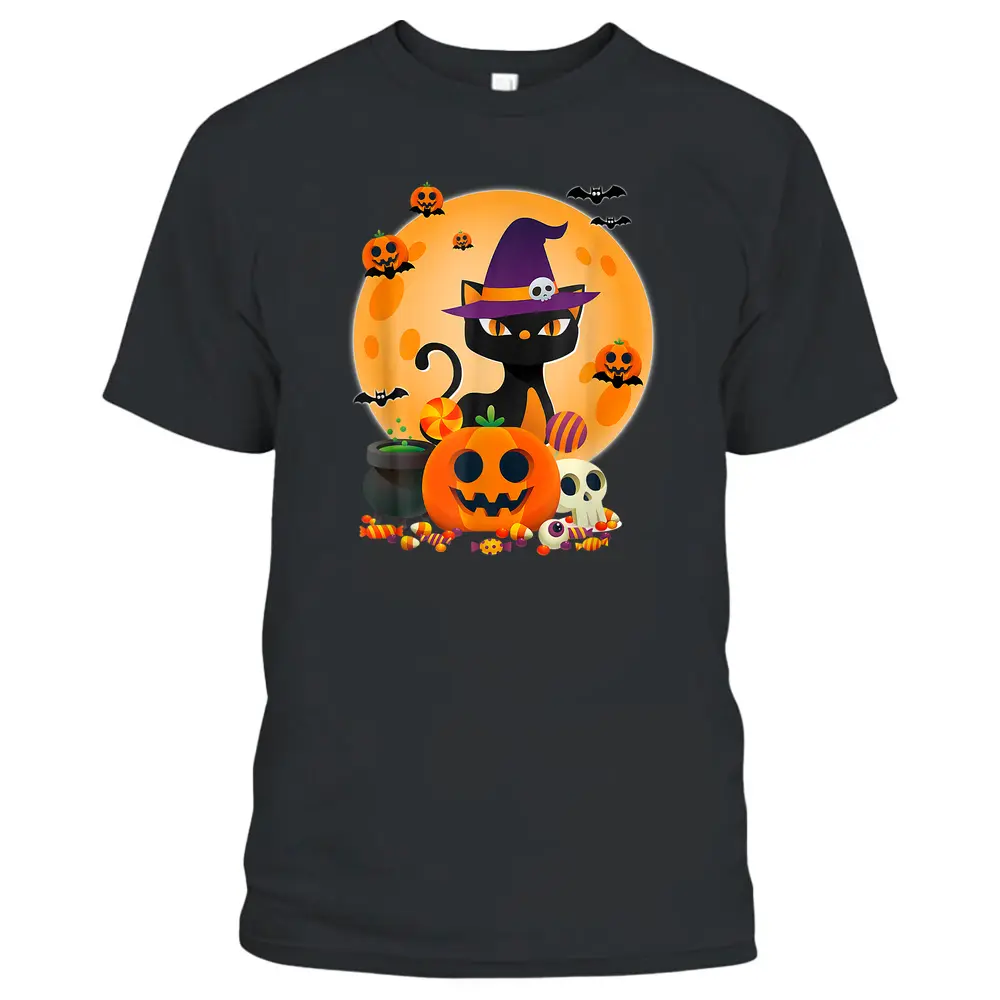 Cat With Witch Hat Pumpkin Bat Moon Cat Funny Halloween T-Shirt