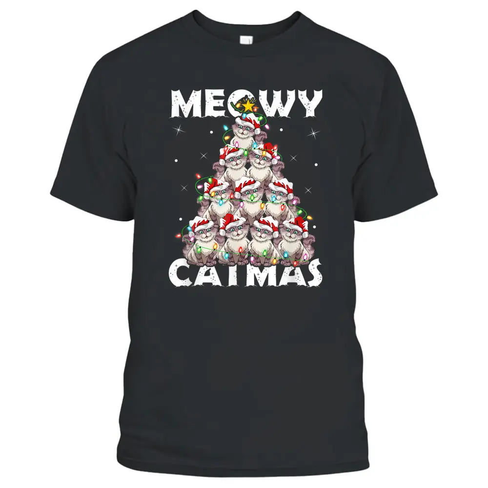 Cat Xmas Lights Santa Meowy Catmas Cat Christmas Ree T-Shirt