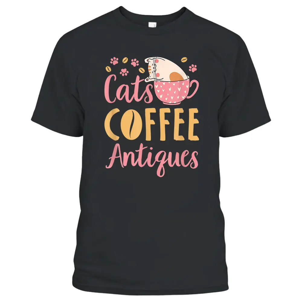 Cats Coffee Antiques Cat Lover Antiquing T-Shirt