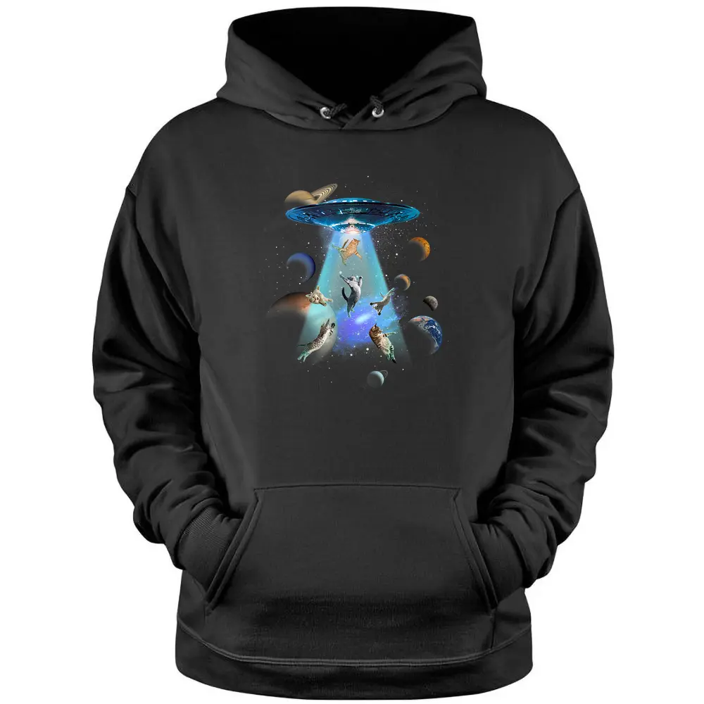 Cats UFO Funny Flying Kitten Spaceship Alien Lover Novelty Pullover Hoodie