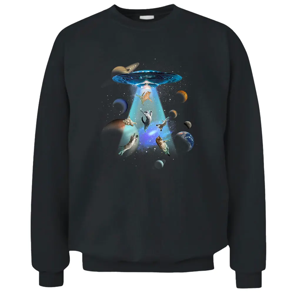 Cats UFO Funny Flying Kitten Spaceship Alien Lover Novelty Pullover Sweatshirt