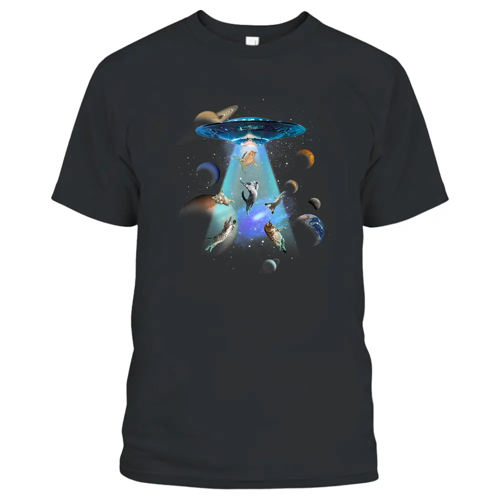 Cats UFO Funny Flying Kitten Spaceship Alien Lover Novelty T-Shirt