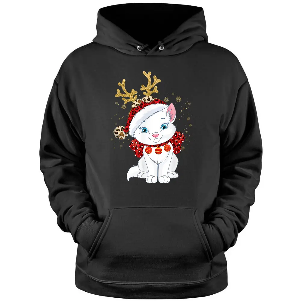 Christmas Cat Reindeer Light Antlers Pullover Hoodie