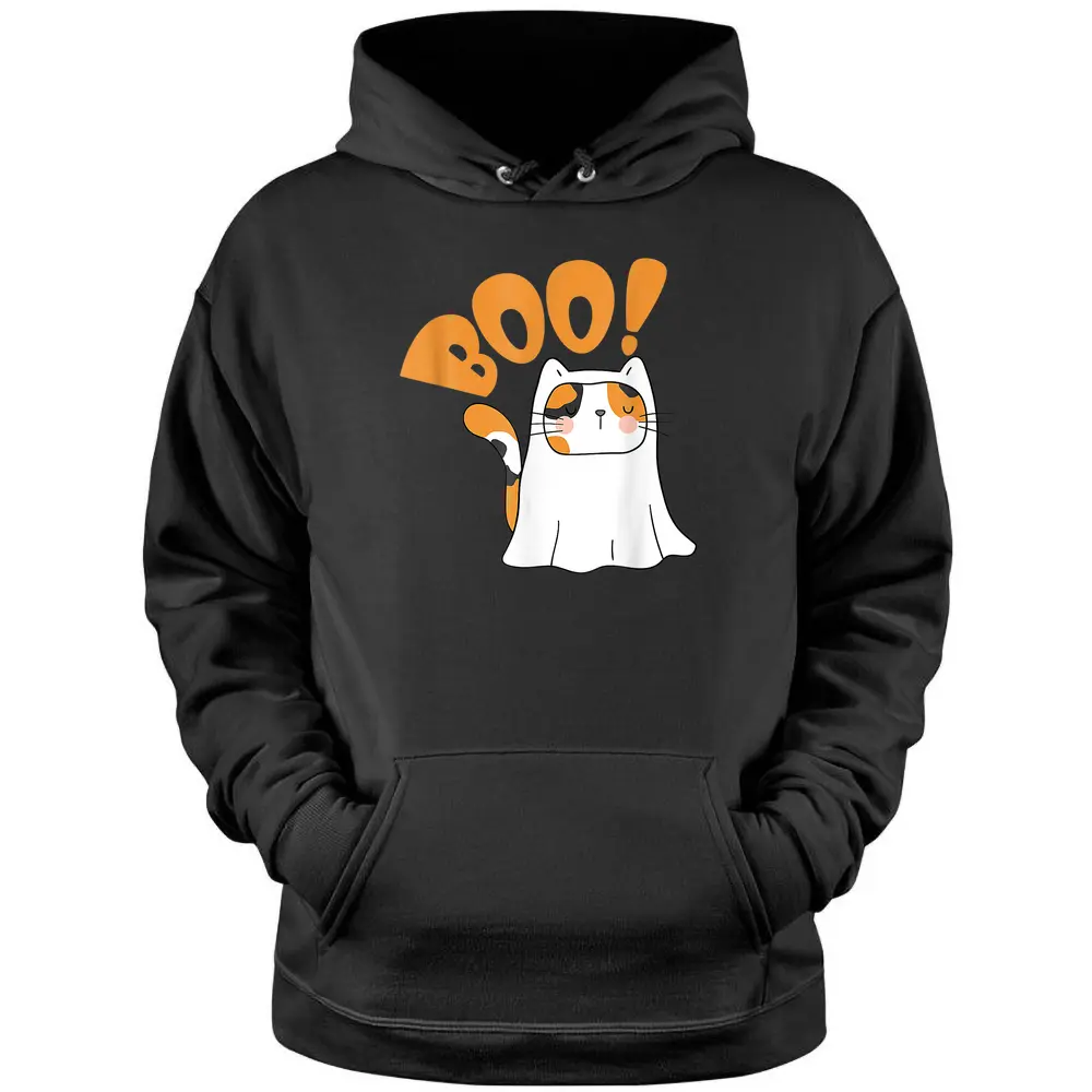 Cut Cat Ghost Halloween Boo Saying Pullover Hoodie