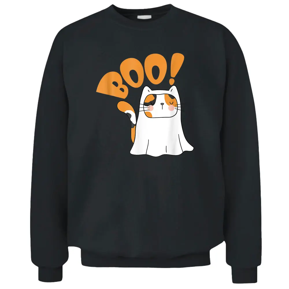 Cut Cat Ghost Halloween Boo Saying Pullover Sweatshirt