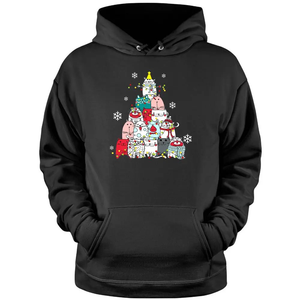 Cute Cat Christmas Tree Lights Snow Xmas Pajama Cat Lover  Pullover Hoodie