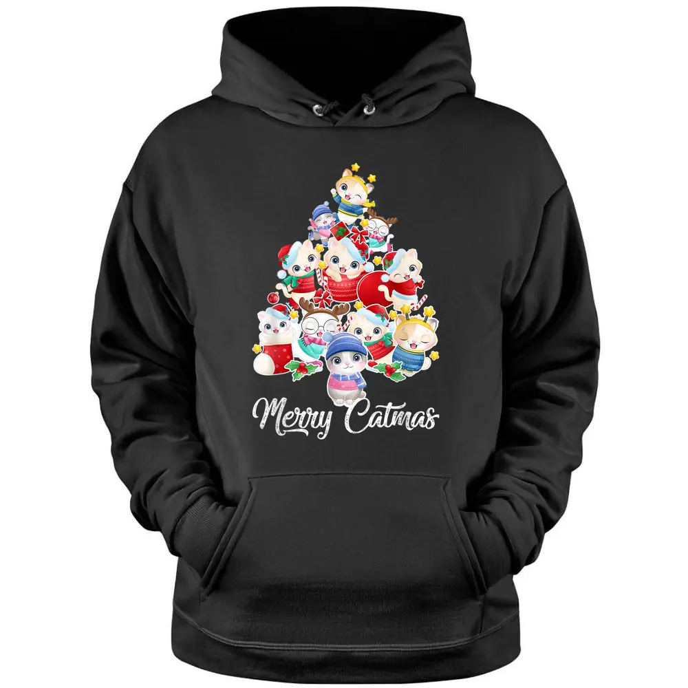 Cute Cat Christmas Tree Merry Catmas For Kitten Xmas Lover Pullover Hoodie