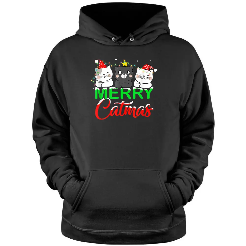 Cute Cat Lover Xmas Lights Santa Merry Catmas Cat Christmas Pullover Hoodie