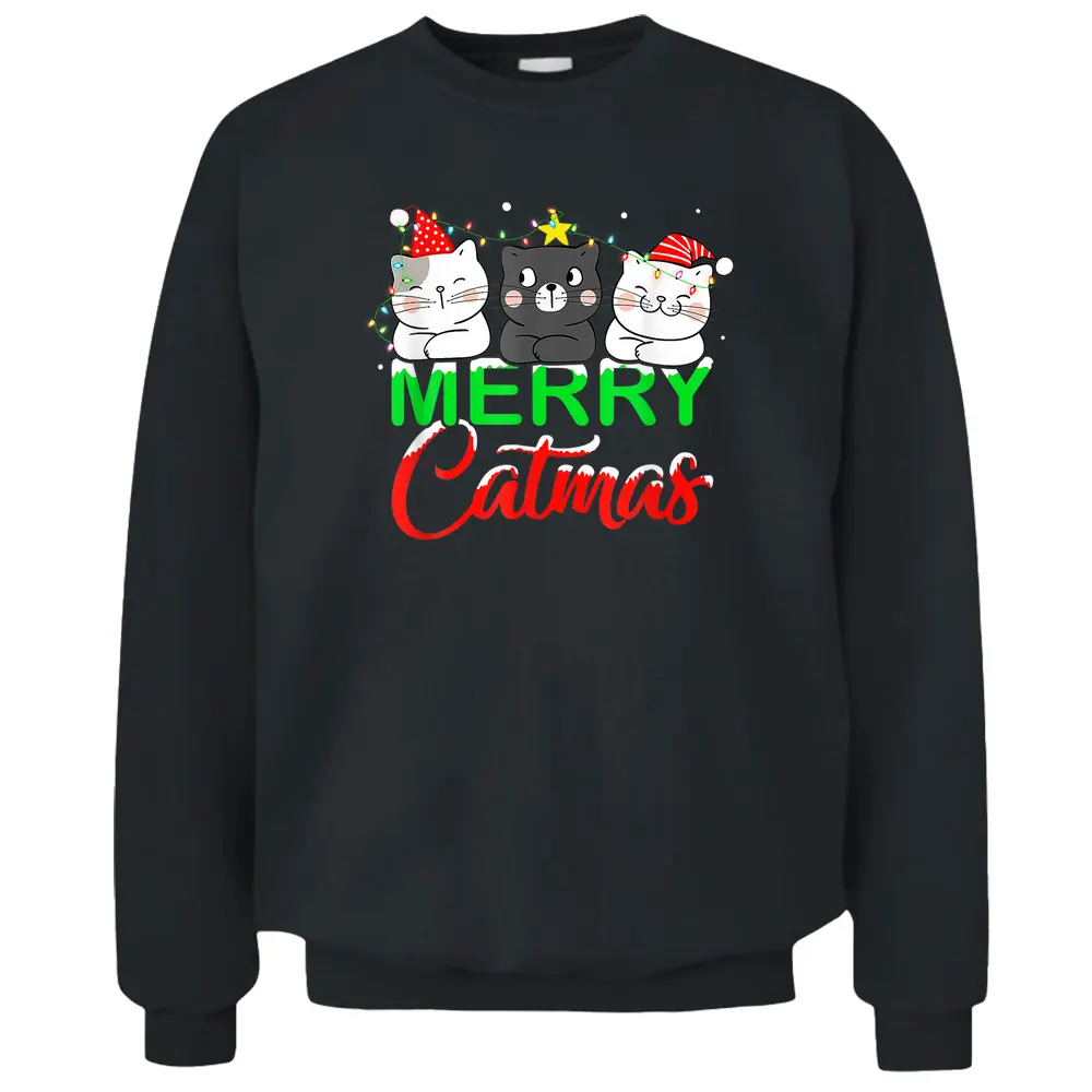 Cute Cat Lover Xmas Lights Santa Merry Catmas Cat Christmas Pullover Sweatshirt