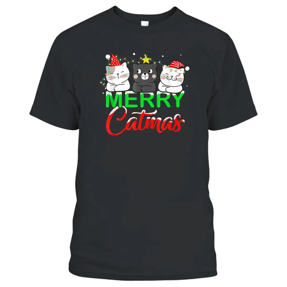 Cute Cat Lover Xmas Lights Santa Merry Catmas Cat Christmas T-Shirt