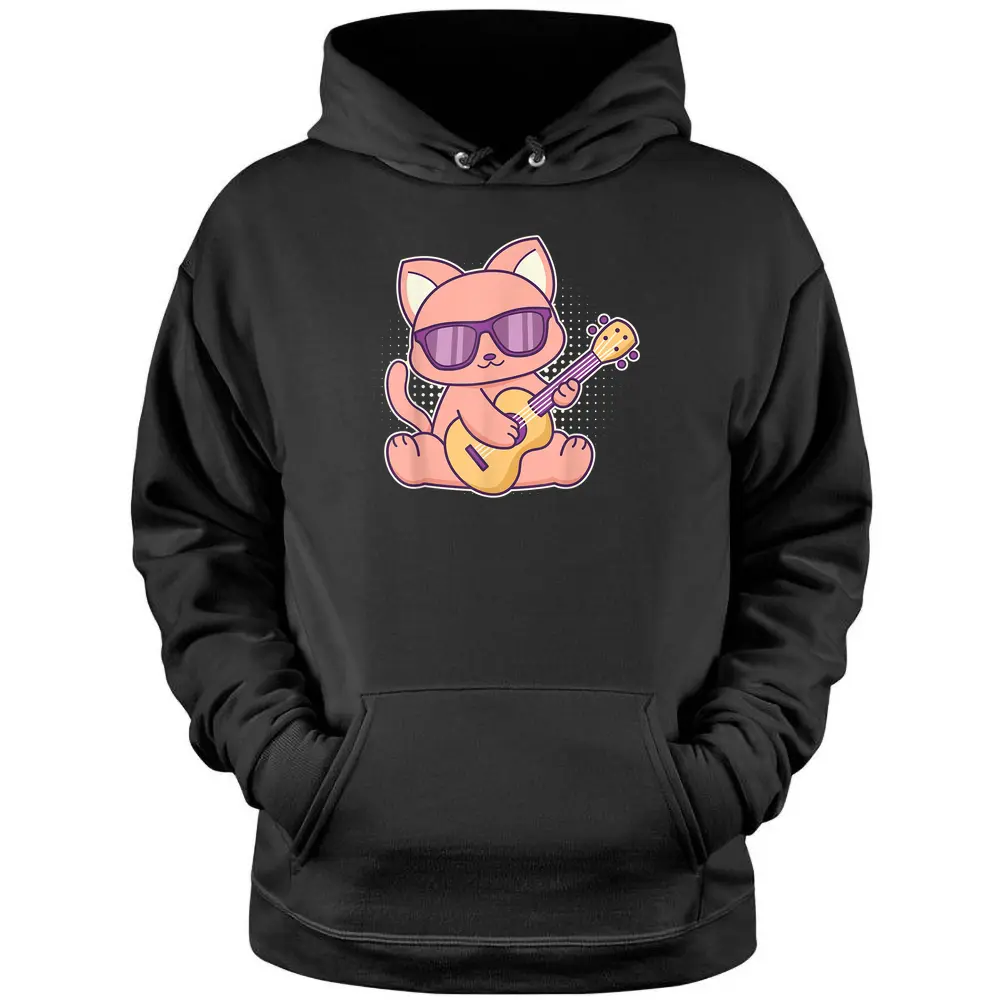 Cute Cat With Sunglasses Playing On A Guitar Pullover Hoodie