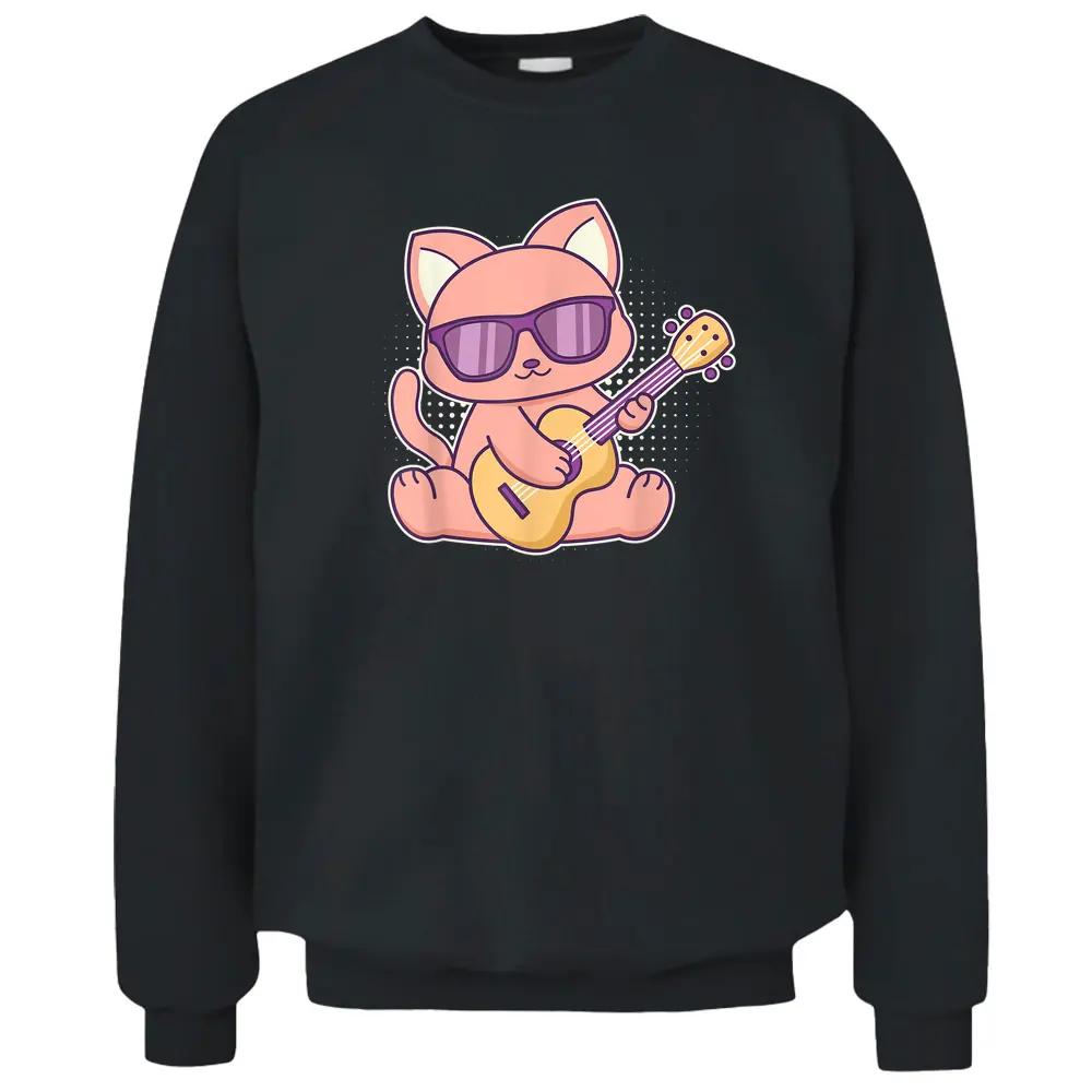 Cute Cat With Sunglasses Playing On A Guitar Pullover Sweatshirt