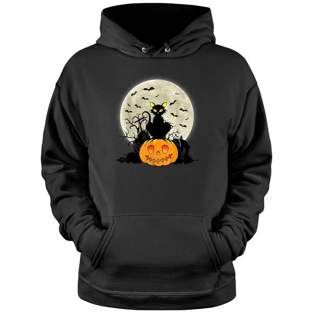 Cute Halloween Black Cat Witch Hat Pumpkin Pullover Hoodie