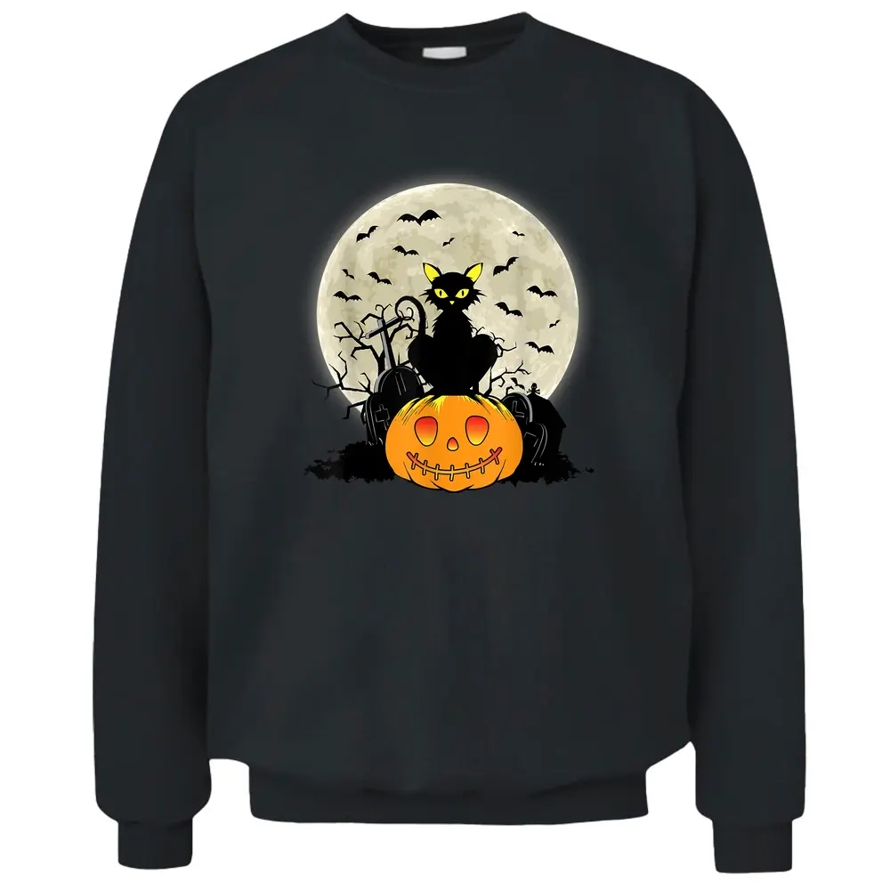 Cute Halloween Black Cat Witch Hat Pumpkin Pullover Sweatshirt