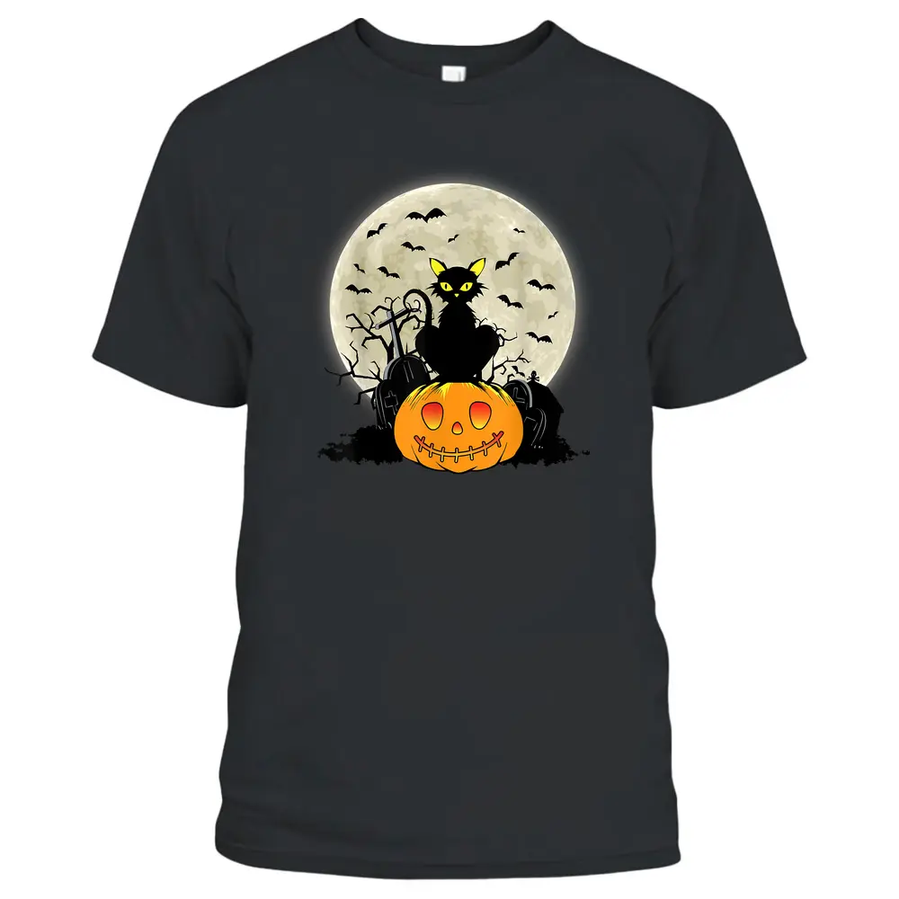 Cute Halloween Black Cat Witch Hat Pumpkin T-Shirt