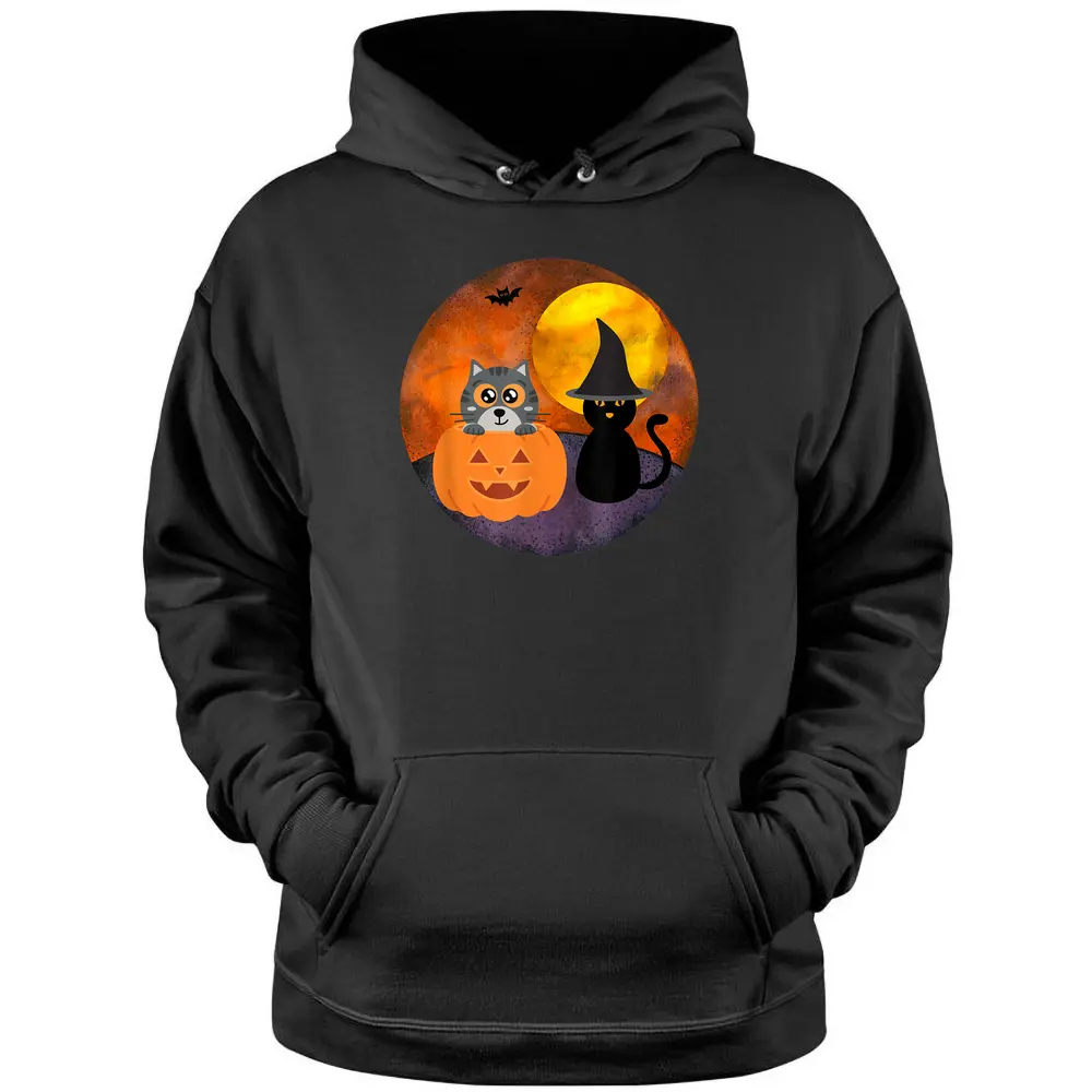 Cute Halloween Cat Scene Witch Pumpkin Bat Full Moon Pullover Hoodie