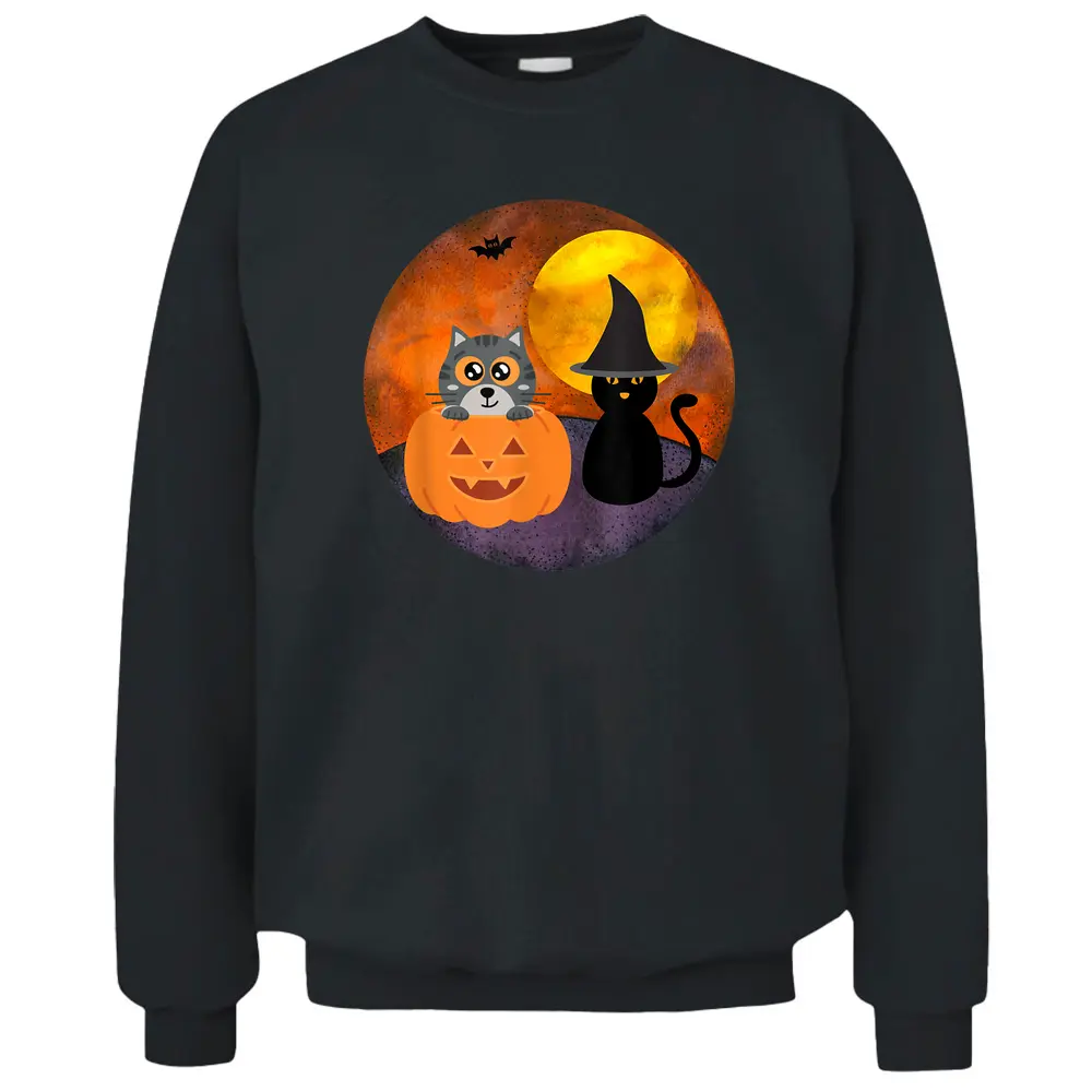 Cute Halloween Cat Scene Witch Pumpkin Bat Full Moon Pullover Sweatshirt