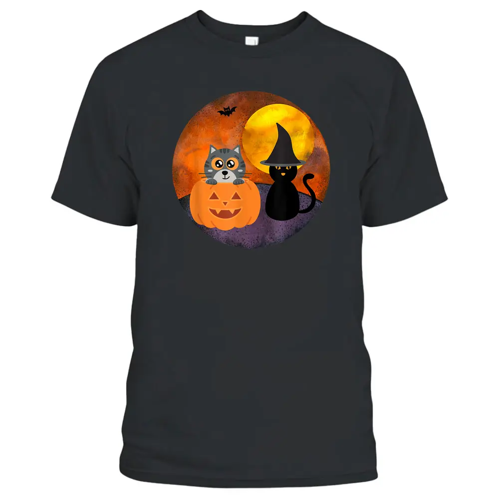 Cute Halloween Cat Scene Witch Pumpkin Bat Full Moon T-Shirt