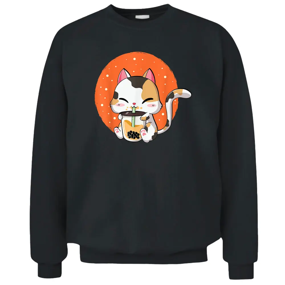 Cute Kawaii Cat Boba Bubble Milk Tea Anime Neko Kitten Pullover Sweatshirt