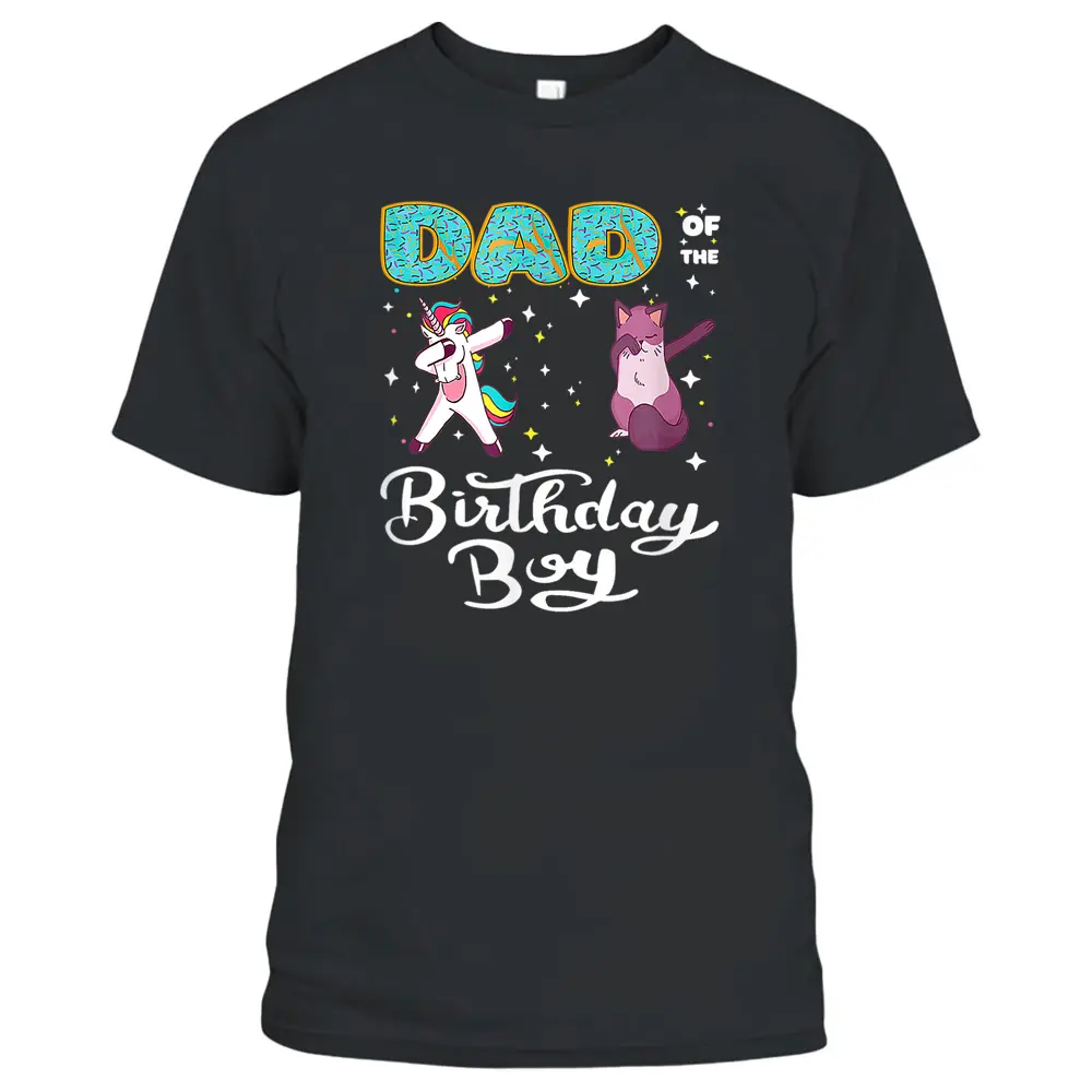 Dad Of He Birthday Boy Donut Dabbing Unicorn Kitten Cat T-Shirt