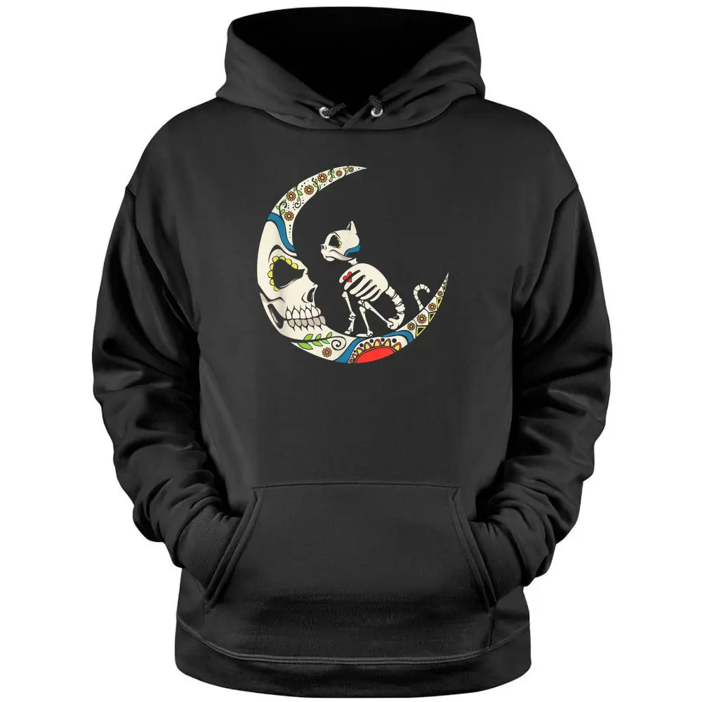 Dia De Los Muertos Crescent Moon And Cat Sugar Skull Pullover Hoodie