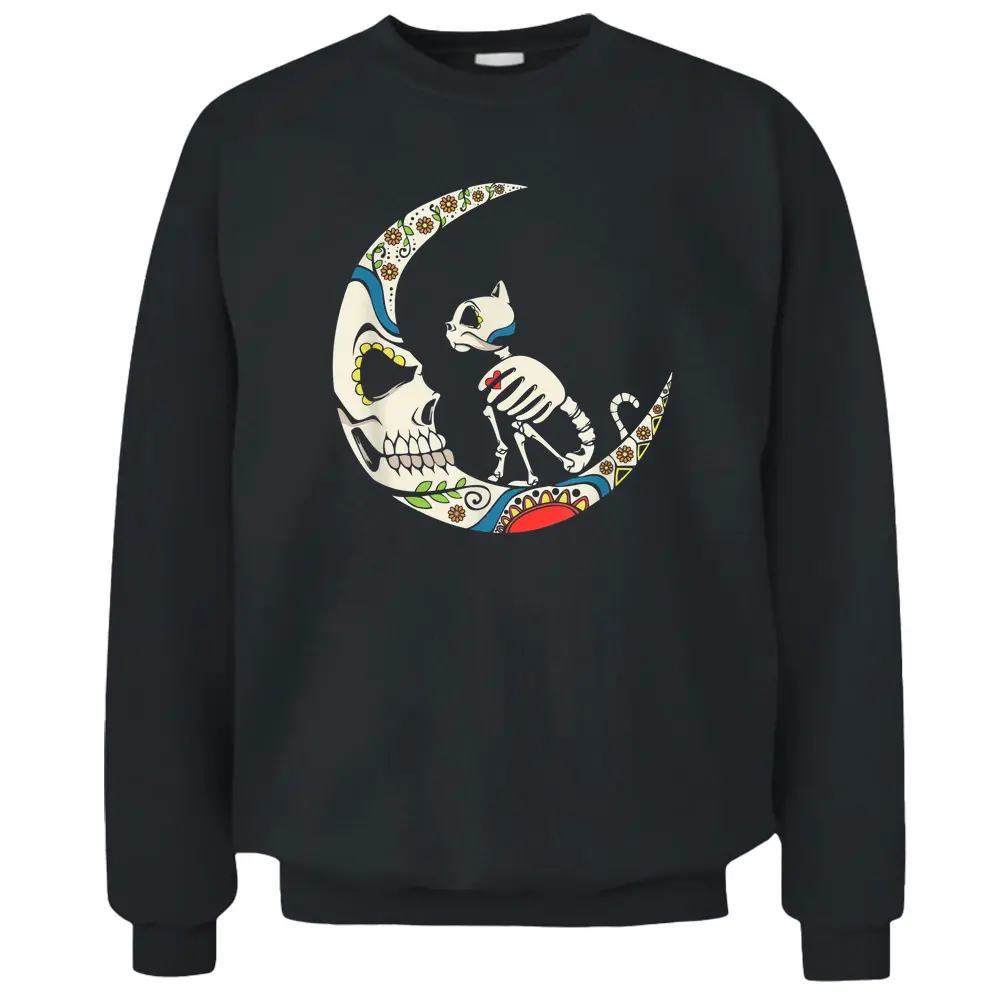 Dia De Los Muertos Crescent Moon And Cat Sugar Skull Pullover Sweatshirt