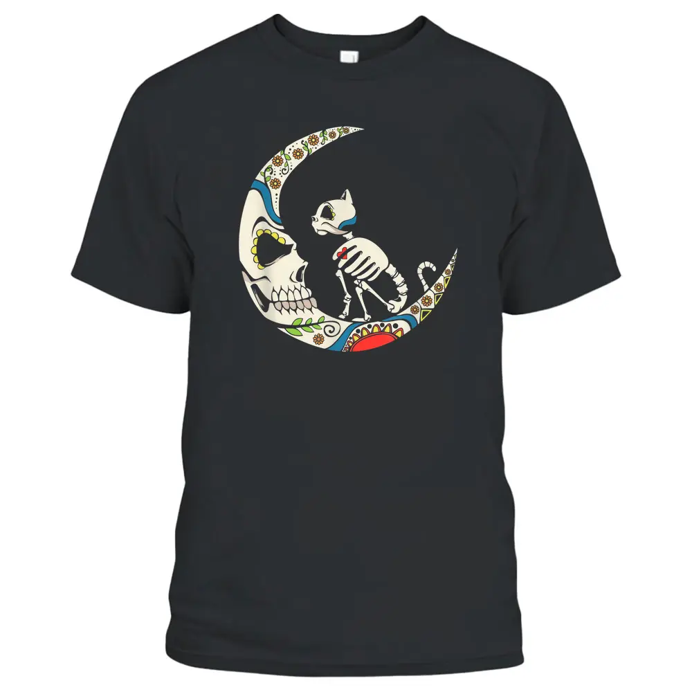 Dia De Los Muertos Crescent Moon And Cat Sugar Skull T-Shirt