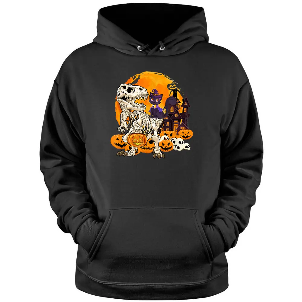 Dinosaur Skeleton Pumpkin With Moon Halloween Cat Witchy Pullover Hoodie