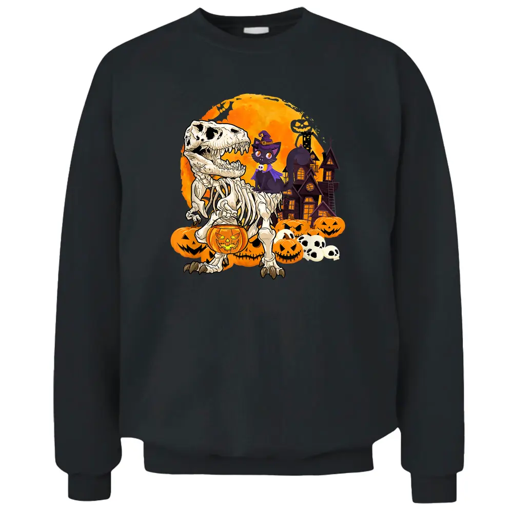 Dinosaur Skeleton Pumpkin With Moon Halloween Cat Witchy Pullover Sweatshirt