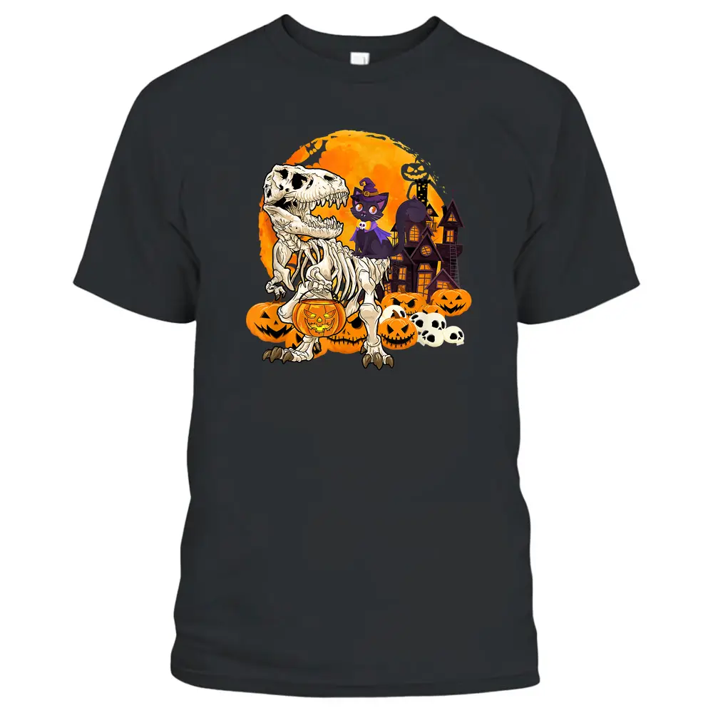 Dinosaur Skeleton Pumpkin With Moon Halloween Cat Witchy T-Shirt