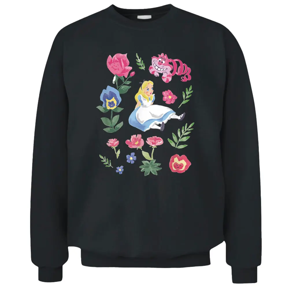 Disney Alice In Wonderland Alice Cheshire Cat Floral Pullover Sweatshirt