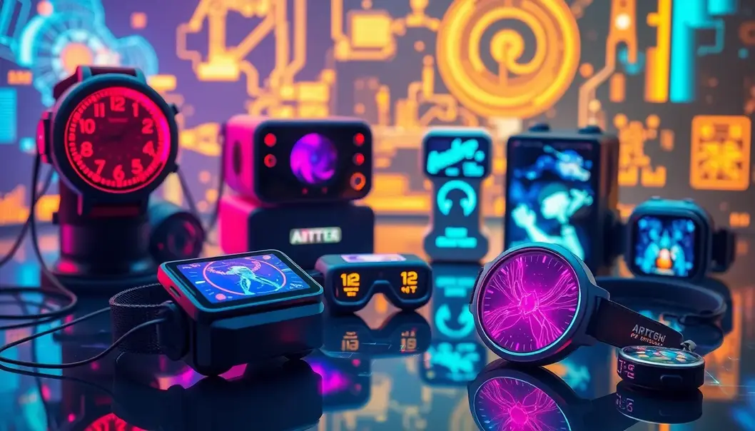 A variety of futuristic anime-inspired tech gadgets with holographic displays.